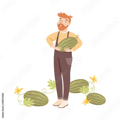Bearded Farmer or Agricultural Worker Holding Ripe Watermelon Vector Illustration