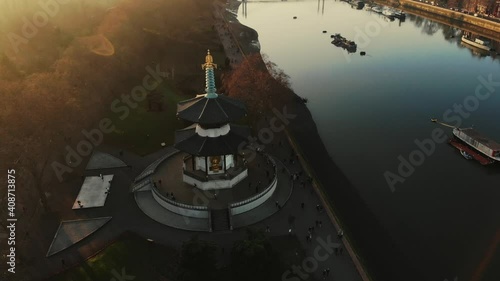 Budha statue in Battersea park in aerial photo