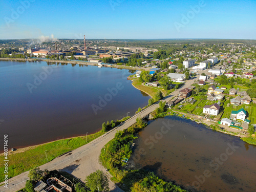 Aerial view of the bridge along Oktyabrskaya street (Omutninsk, Kirov region, Russia)