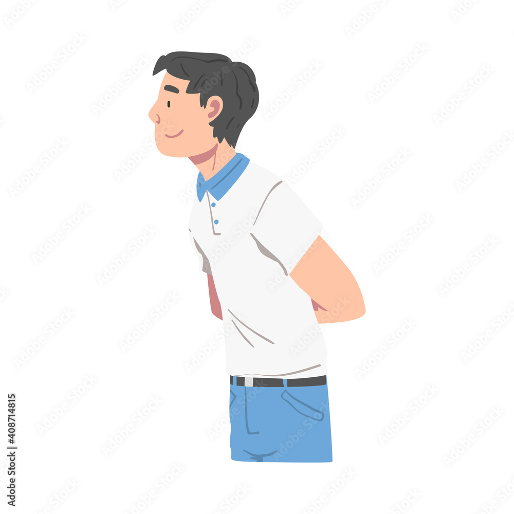 Happy Male Character with Crossed Arms Behind the Back Smiling with Joy and Excitement Vector Illustration