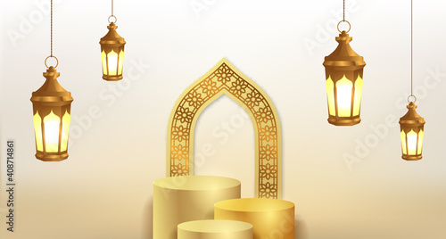 Simple 3d podium pedestal stage with arabian hanging lantern and mosque door decoration for ramadan islamic event