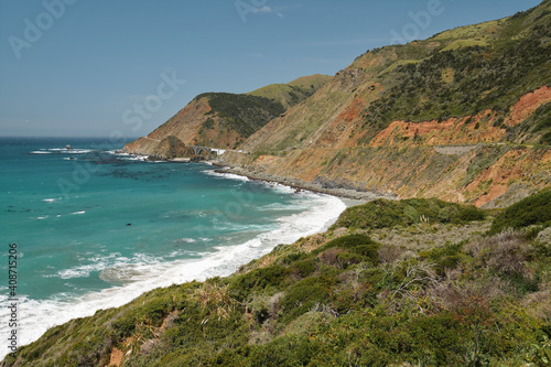 Big Sur, Monterey County, California. Pacific Ocean, cliffs, and native plants on the beach.