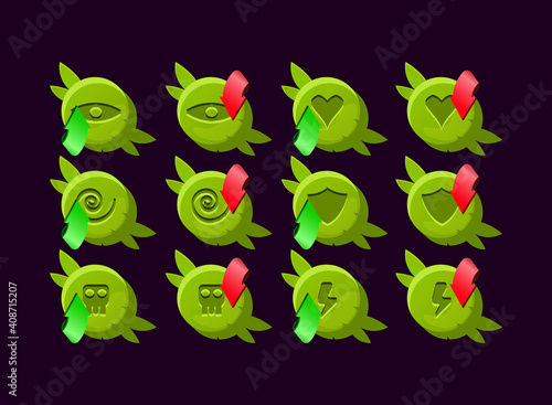 set of game ui rounded wooden nature leaves magic power up icon for gui asset elements vector illustration