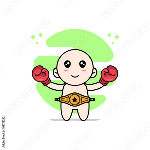 Cute baby character with boxing gloves and champion belt.