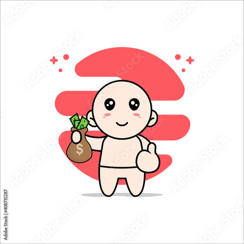 Cute baby character holding a bag of money.