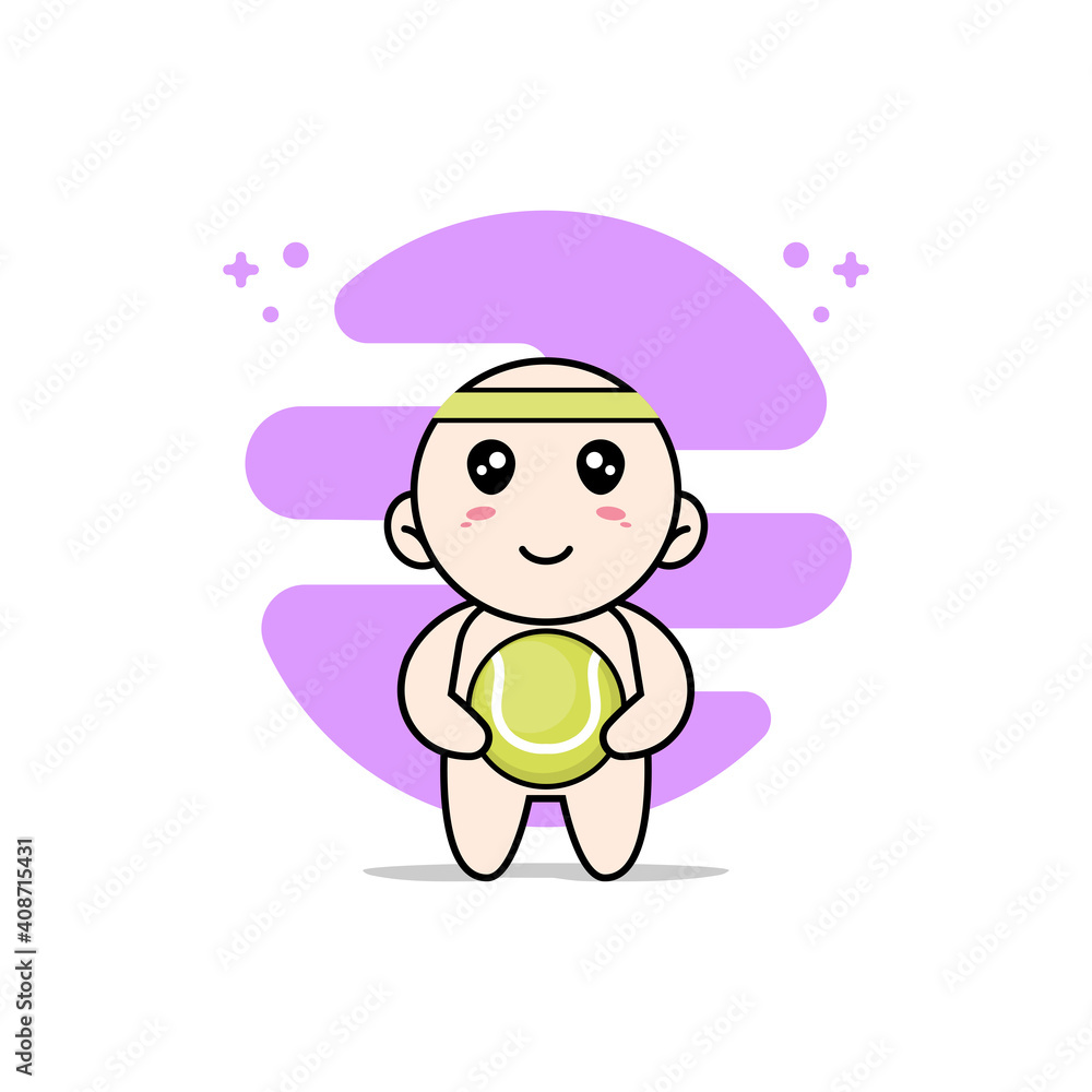 Cute baby character holding a tennis ball. Cute baby character holding a tennis ball.