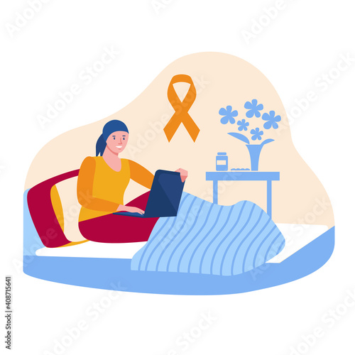 A girl with leukemia sits on the bed with a laptop. Orange awareness ribbon. Communication, work from home during oncology. Vector concept in flat cartoon style.