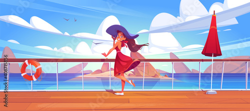 Woman on cruise liner deck or quay on seascape view, girl in summer dress and hat relax on ship or sailboat in ocean. Summertime vacation journey on passenger vessel, Cartoon vector illustration