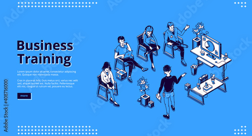 Business training isometric landing page. Corporate education, development, meeting, teamwork, improving professional skills concept . Tutor presentation and students, 3d vector line art web banner