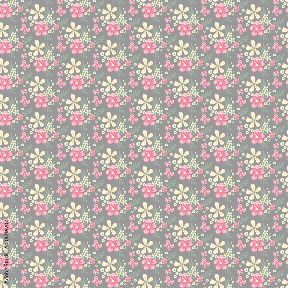 Cute pictures of yellow and pink flowers. Children's print in soft pastel colors. Seamless pattern vector background. For fabrics, coatings, textiles, covers, notebooks, wrapping paper, scrapbooking