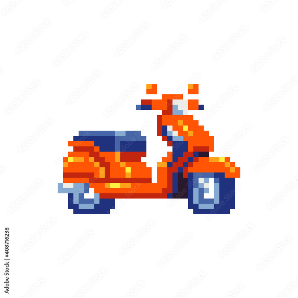 Scooter icon. Pixel art. Motorcycle rental service logotype. Orange moped.  8-bit sprite. Sticker design. Isolated vector illustration. Stock Vector