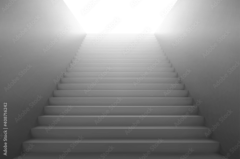 Fototapeta premium 3d stairs going to light, white staircase with blank side walls. Way to business success, career ladder, architecture construction for building interior or exterior. Realistic vector illustration