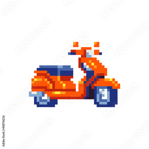 Scooter icon. Pixel art. Motorcycle rental service logotype. Orange moped. 8-bit sprite. Sticker design. Isolated vector illustration.