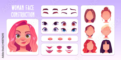 Woman face constructor, avatar of caucasian female character creation heads, hairstyle, nose, eyes with eyebrows and lips. Facial construction elements isolated on white background, cartoon vector set