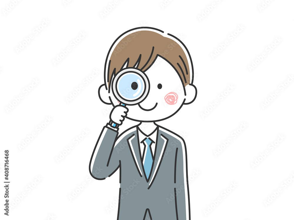 虫眼鏡を使う日本人ビジネスマンのイラスト