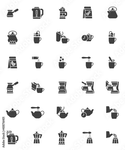 Brewing tea and coffee instruction vector icons set, modern solid symbol collection, filled style pictogram pack. Signs, logo illustration. Set includes icons as tea kettle, brewing mocha coffee