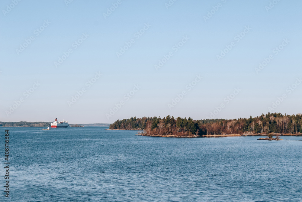 Spring Baltic sea landscape, regular spring cruise between Tallinn and Stockholm. Local tourism concept, spring nature, selective focus