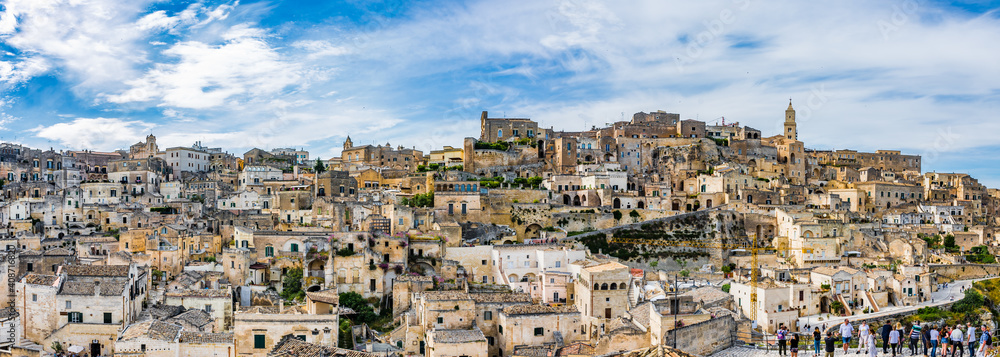 Panoramic view of the Sassi and the Park of the Rupestrian Churches of Matera in Italy, a UNESCO World Heritage site.