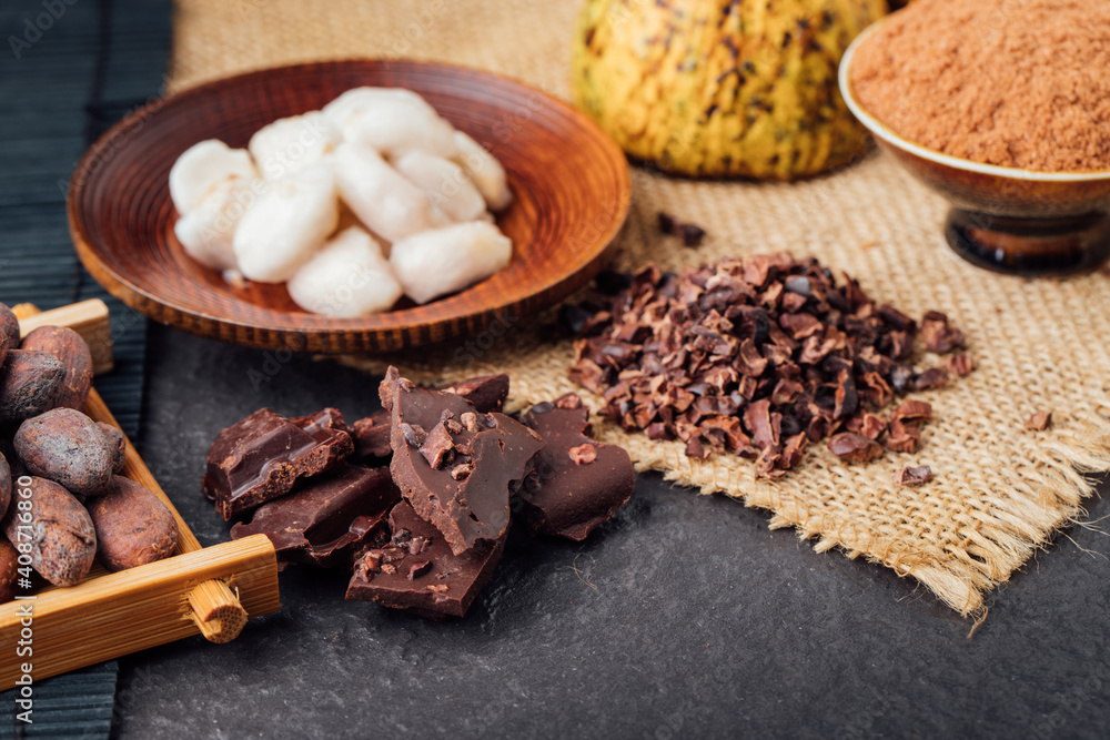 Fototapeta premium Cocoa beans and cocoa pod on a wooden surface.
