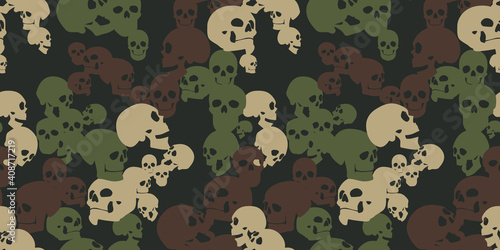 Camo seamless pattern with skulls. Camouflage in green colors. Military vector background for your design. Stock vector background.