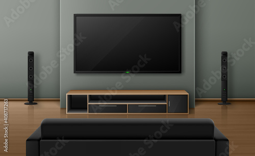 Living room interior with sofa back view and tv with dynamics. Home theater system with television on wall, empty house apartment with wooden floor. Apartment design, Realistic 3d vector visualization
