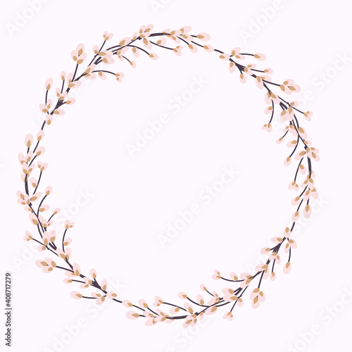 Willow wreath. Round frame made of willow twigs.Easter wreath made of willow stalks.Design for postcards, printing.