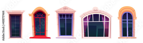 Cartoon windows set, vintage glasses with stone frames, windowsill and curtains inside, retro style arched and rectangular palace or castle exterior design elements isolated vector illustration, icons