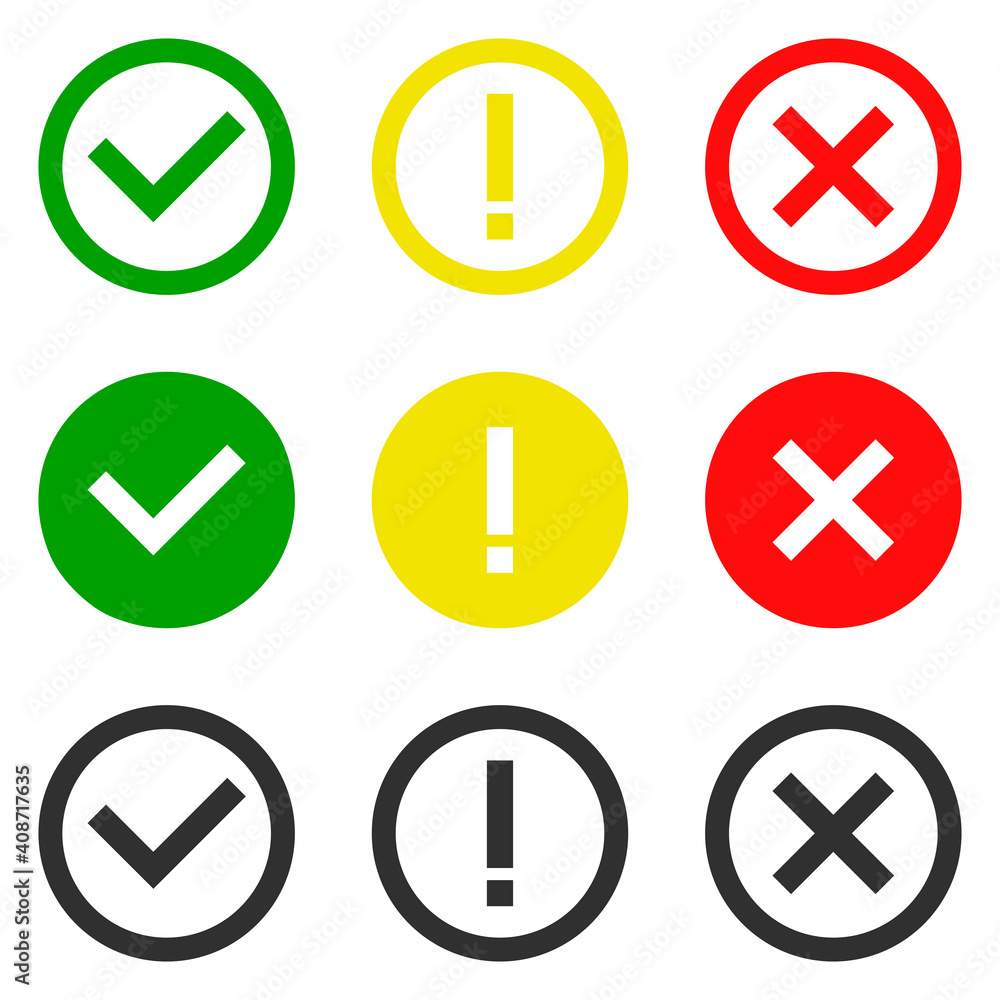 Set of flat round check mark, exclamation point, X mark icons, buttons isolated on a white background Set of flat round check mark, exclamation point, X mark icons, buttons isolated on a white background