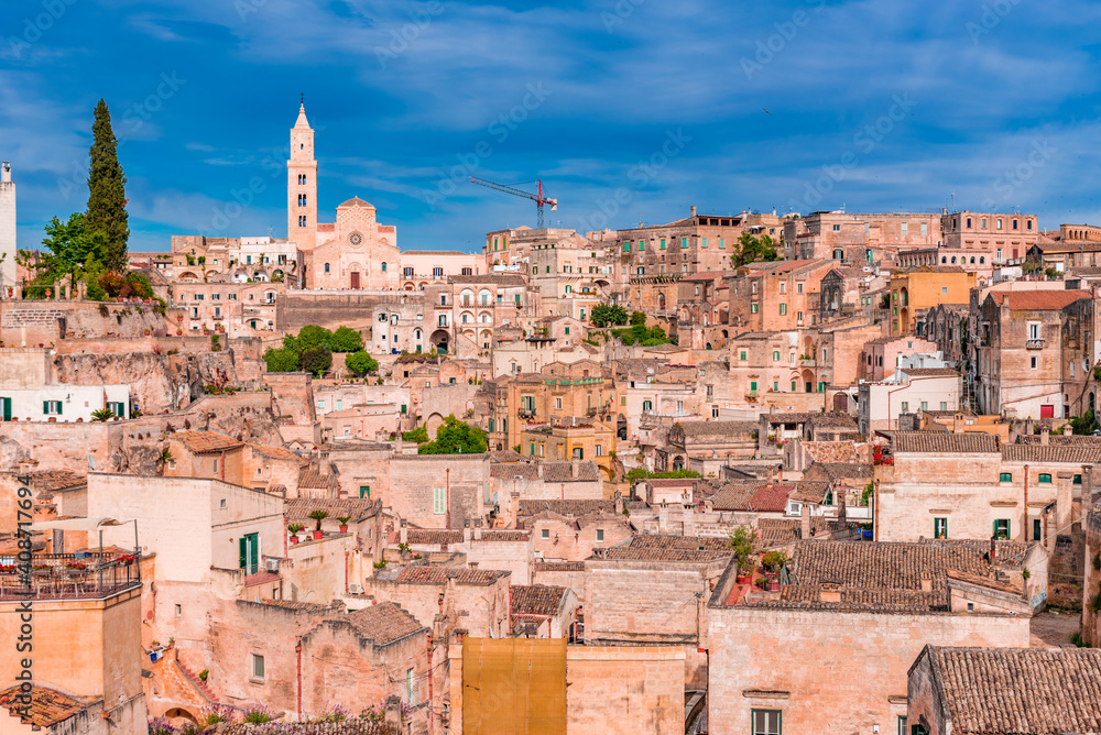 Panoramic view of the Sassi and the Park of the Rupestrian Churches of Matera, Italy