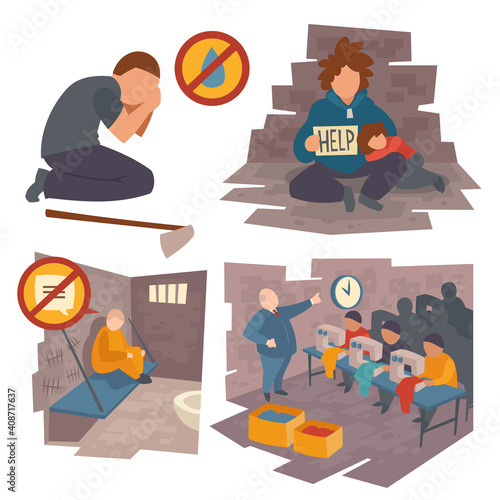 Set of people in trouble, kneel man crying of water lack, prisoner sitting on bed in jail communication ban, poor father with child beg, workers on sewing factory, Cartoon flat vector illustration