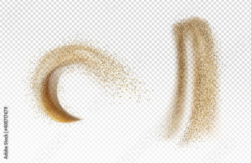 Explosion and pour of gold sand, falling dust with glitter particles isolated on transparent background. Vector realistic set of yellow sand powder splashes and clouds. Motion effect of shimmer flows