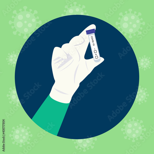 hand in rubble glove holding empty Covid-19 test tube icon with corona virus floating in the air background vector