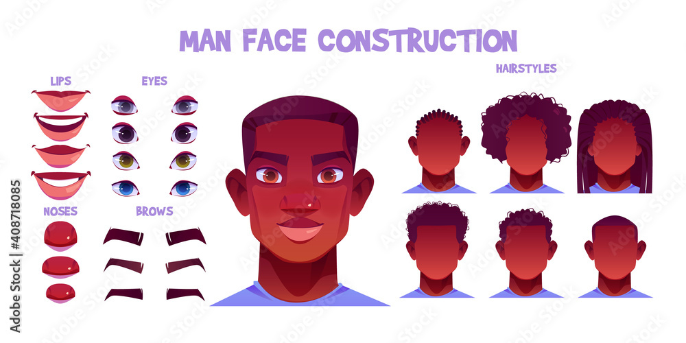 Civic Carrot Medal Black man face construction, avatar creation with different head parts  isolated on white background. Vector cartoon set of male character eyes,  noses, brows and lips. Skin pack for face generator Stock Vector 
