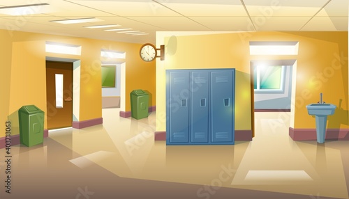 Vector cartoon style school hall with doors and classes, rubbish and sink.