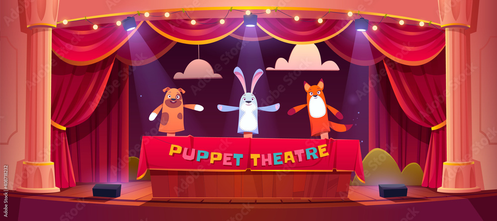 Puppet show on theater stage with red curtains and spotlights. Vector  cartoon illustration of theatre for kids with marionettes. Wooden scene  with animal toys on hands Stock Vector | Adobe Stock