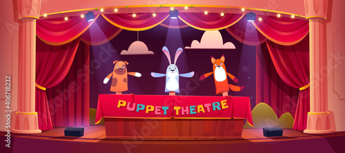 Puppet show on theater stage with red curtains and spotlights. Vector cartoon illustration of theatre for kids with marionettes. Wooden scene with animal toys on hands