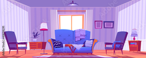 Living room interior with old fashioned furniture and decor. Sofa with pillows, coffee table and armchairs. Cozy apartment with couch, rag, pictures on wall, empty home Cartoon vector illustration