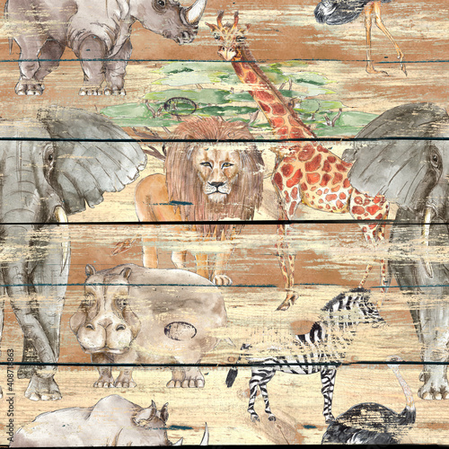 Photography Safari Animal print decorative vintage style seamless pattern on wooden backgrou