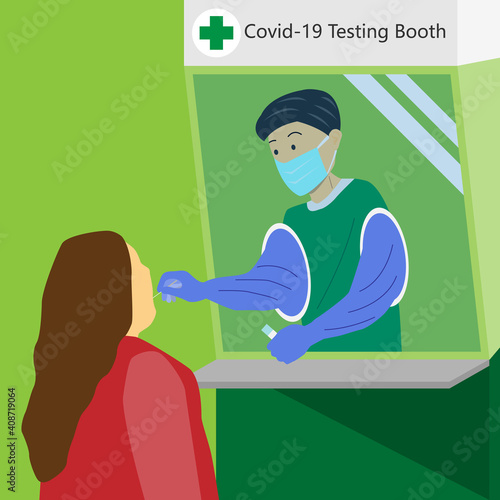 Medical technician doing swab test for woman at Covid-19 testing booth. Mobile Corona virus testing booth service cartoon vector