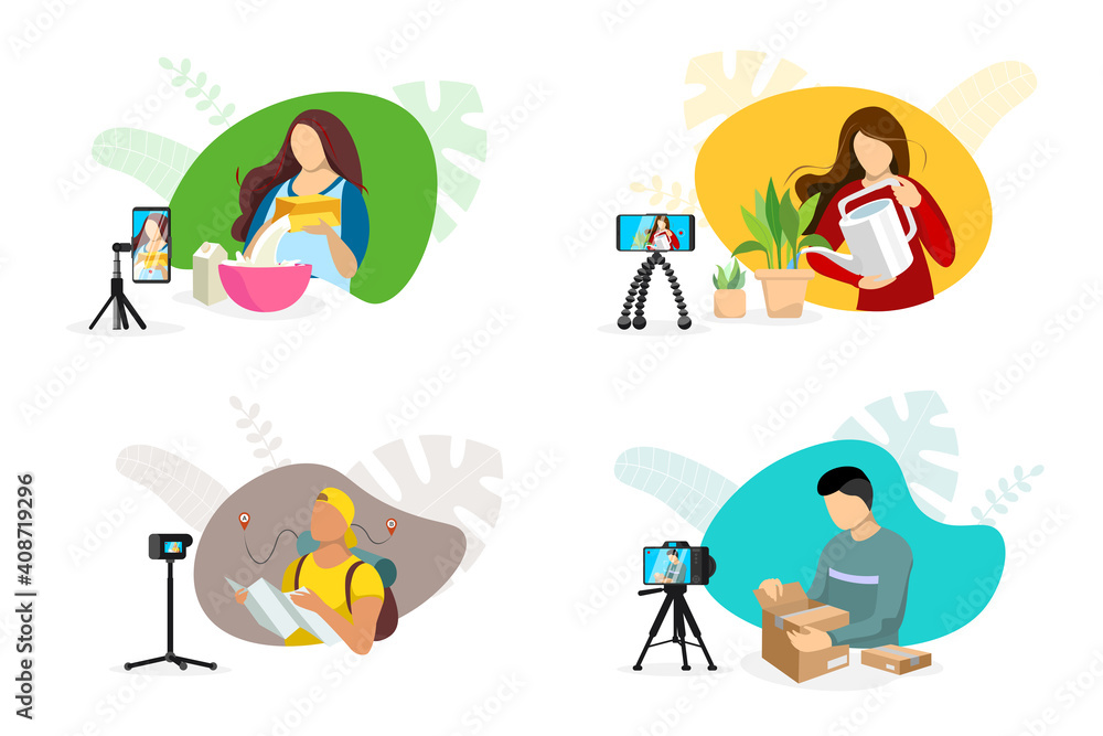 Bloggers making cooking and lifestyle houseplant care content on cameras with tripods. Unpacking and travel influencer vlogger channel set. Online streaming tutorial and review vector eps illustration