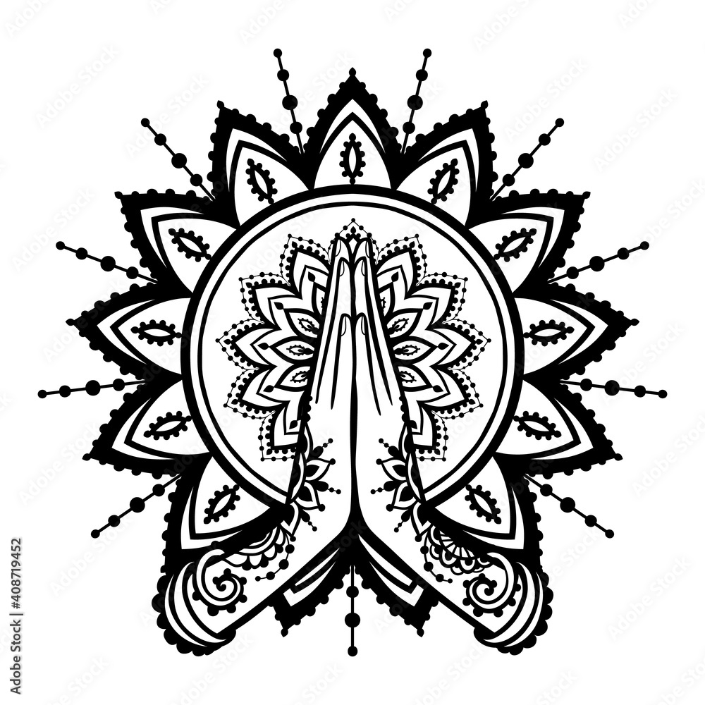 Yoga OM namaste. Hands of woman elements. Vector illustration on ethnic style. Yoga OM namaste. Hands of woman elements. Vector illustration on ethnic style.