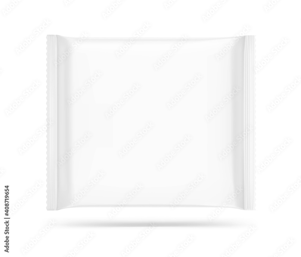 Hight realistic square flow packaging mockup. Vector illustration isolated on white background. Can be use for your design, promo, adv and etc. Possibility for food, pharmaceutical, cosmetic. EPS10. Hight realistic square flow packaging mockup. Vector illustration isolated on white background. Can be use for your design, promo, adv and etc. Possibility for food, pharmaceutical, cosmetic. EPS10.