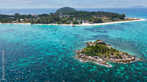 Koh Lipe, Thailand aerial view. The white sand beach with crystal clear water. 