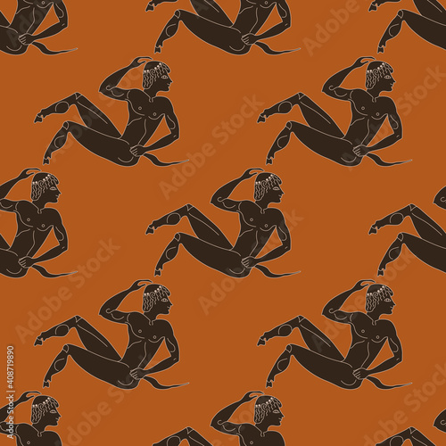 Photo Seamless ethnic monochrome pattern with young ancient Greek satyrs