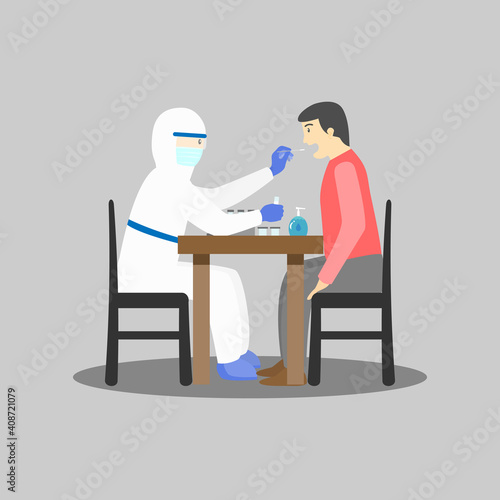 Medical staff in PPE suit collecting sample of young man's saliva. Covid-19 swab testing concept.