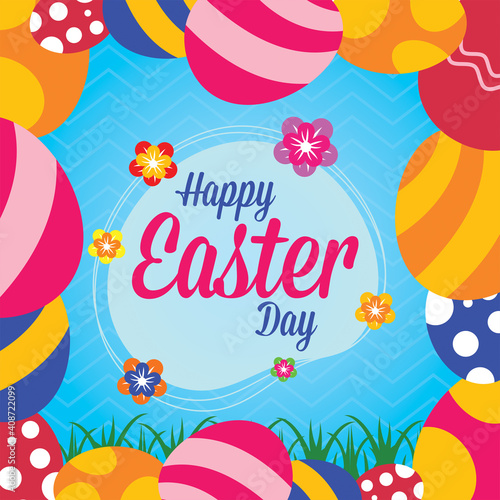 Happy Easter day poster with colorful eggs