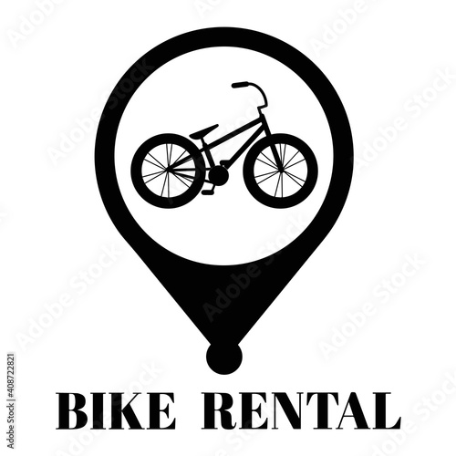 Bicycle rental icon, logo. Vector illustration with bike and text in black and white. Suitable for social media, mobile apps, marketing materials. photo