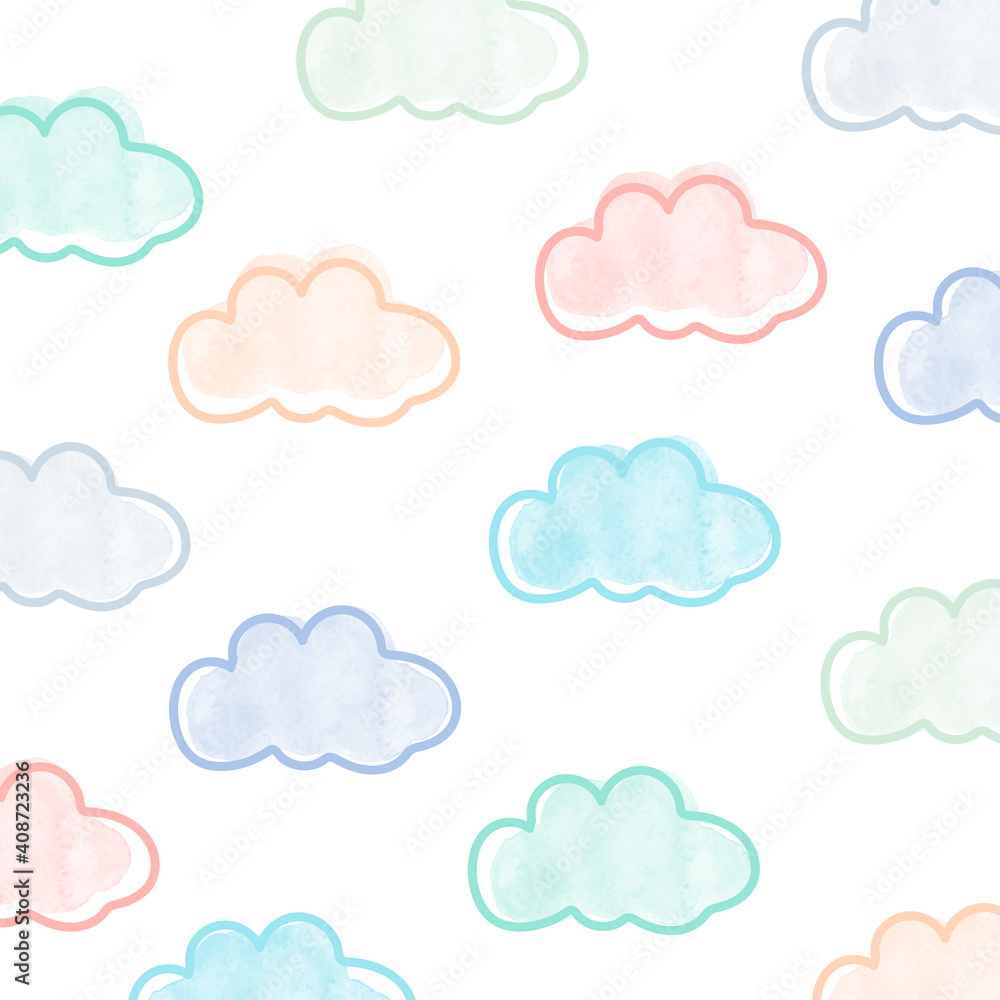 Hand Drawn Pastel Clouds Pattern With Watercolor. Hand Drawn Pastel Clouds Pattern With Watercolor.