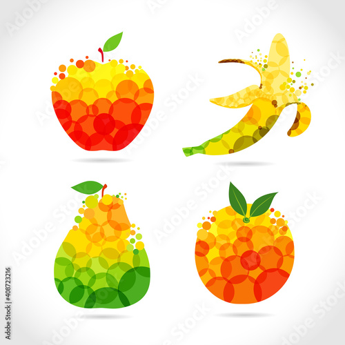 Set of fruits. Logotype concept. Сoloured fruit logo, t shirt idea with bubbles on white background. Isolated abstract graphic design template. Organic meal, t-shirt bright element, transparent effect