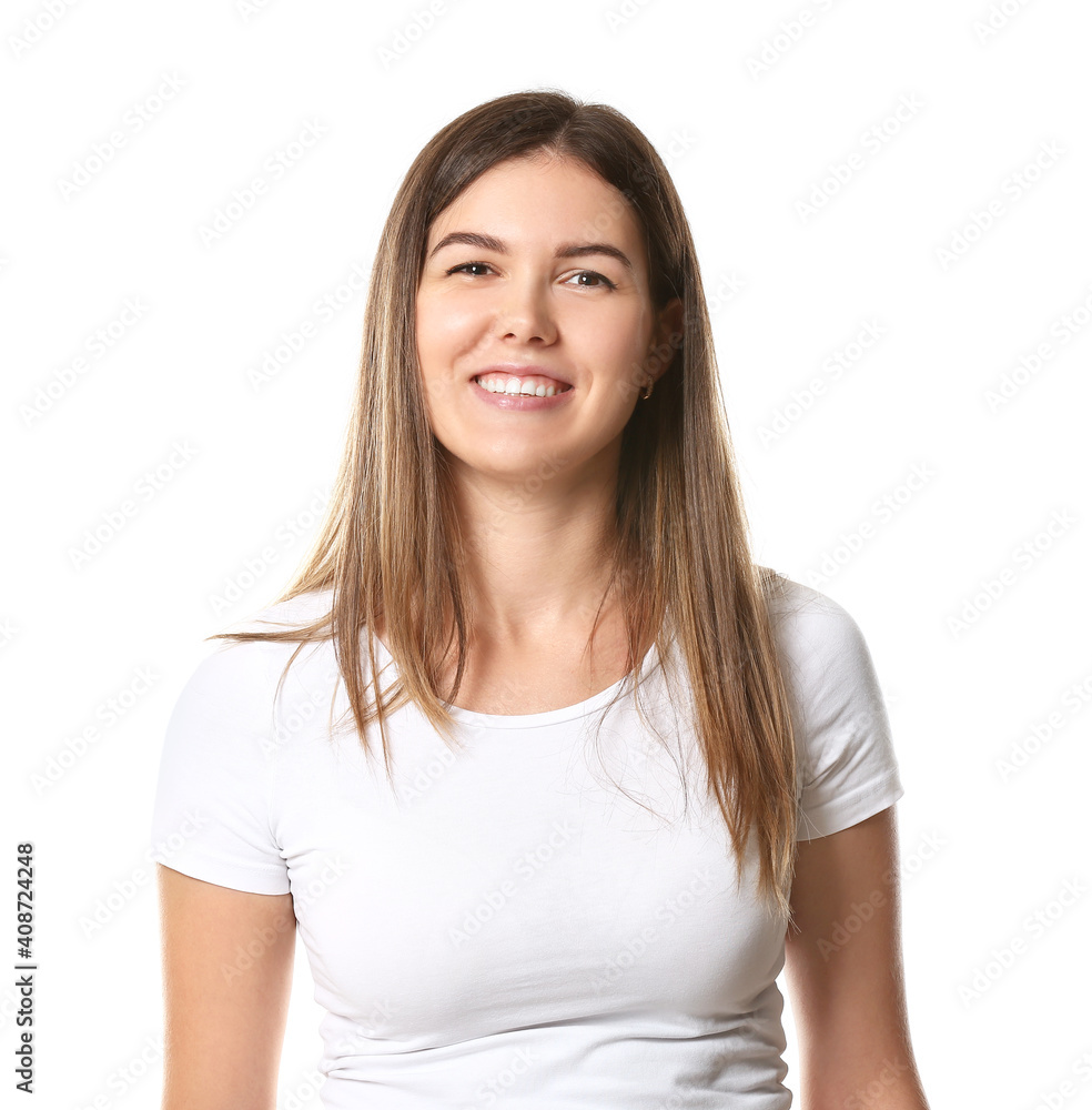 Portrait of beautiful young woman on white background Portrait of beautiful young woman on white background